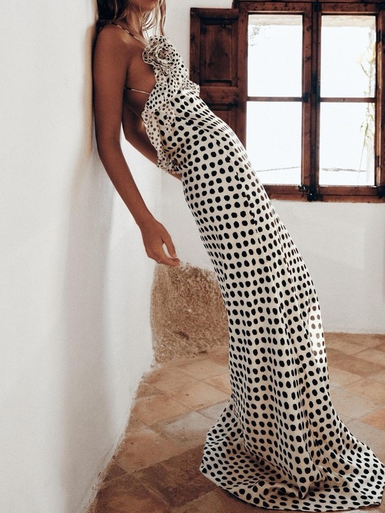 Zara Dresses & Skirts - Zara Satin Maxi Dress with Black Polka Dots